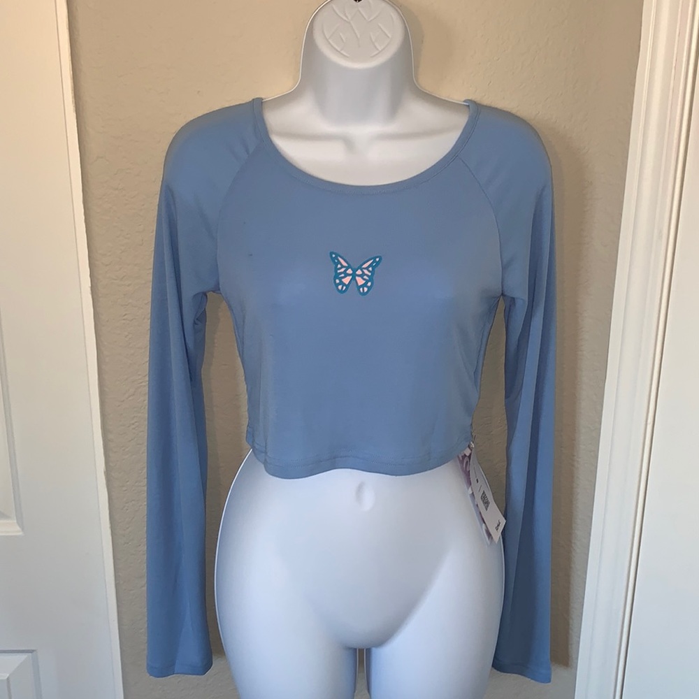 Blue Butterfly long sleeve crop top